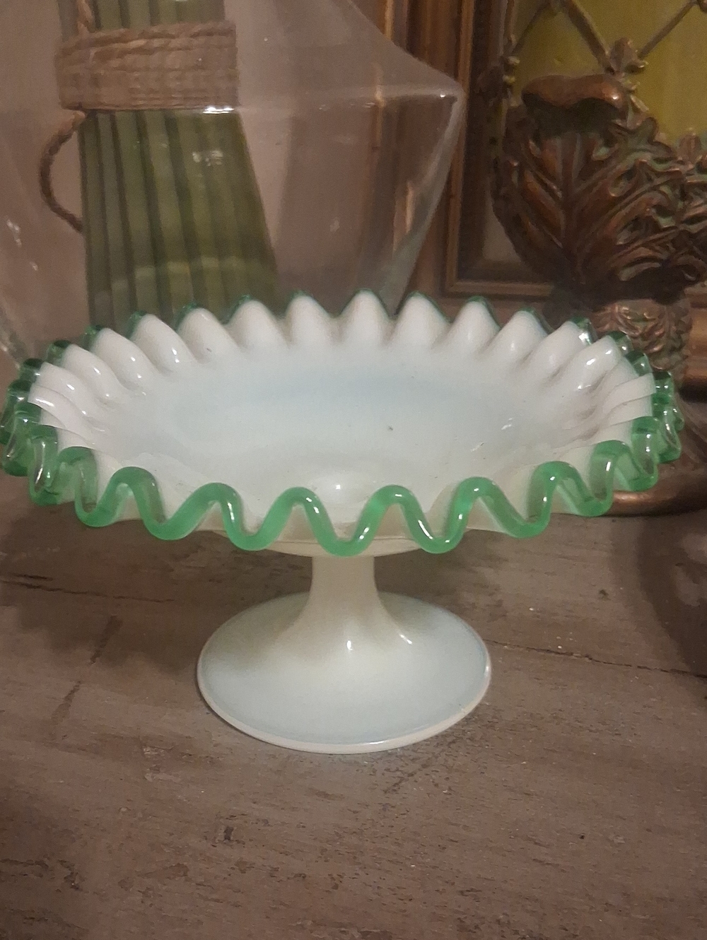 1950's Fenton White Milk Glass Compote with Green Ruffled Edge